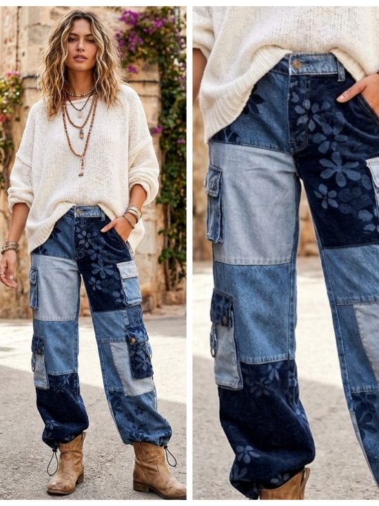 Oli & Hali Denim - Oli & Hali Blue Patchwork Floral Cargo Jeans